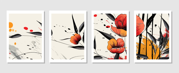 set of abstract vector backgrounds featuring tropical leaves. Hand-drawn textures suitable for wall decoration, postcard designs, or brochure covers.