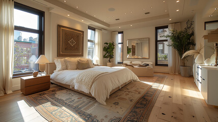 Contemporary bright bedroom featuring clean lines and sleek furnishings for a modern look - obrazy, fototapety, plakaty