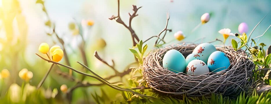 Nest with easter eggs in grass on a sunny spring day - Easter decoration, banner, panorama, background 4K Video