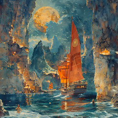 Majestic Fantasy Sailboat Journey under a Moonlit Sky