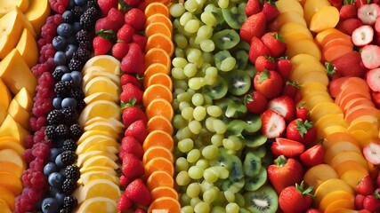 Isolated fruits in a line. Rainbow made of fresh fruits and vegetables isolated on white background with clipping path