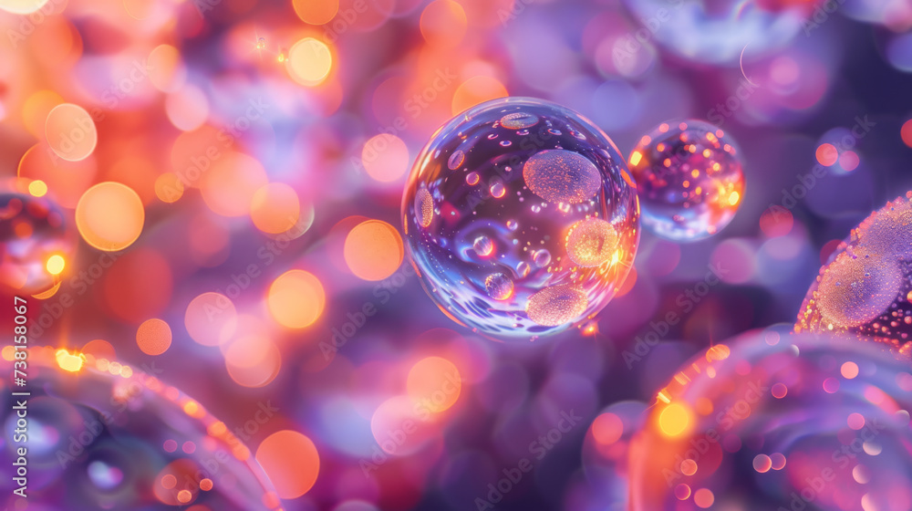 Poster a close-up of translucent bubbles floating in a colorful space with a bokeh light effect creating a 