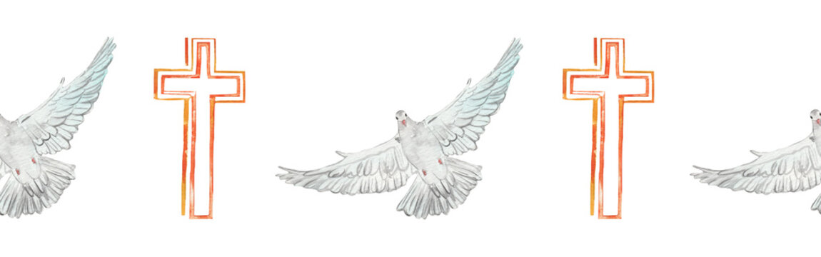 Watercolor birds flying pigeon chross border. Birds seamless border. Hand painted illustration in natural colors on white backround.