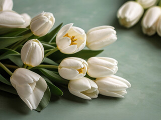 Beautiful white tulips in craft paper on green pastel background with copy space, spring time, mother's day