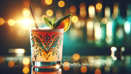 Glistening Cocktail in an Ornate Glass Basking in Golden Hour Light - obrazy, fototapety, plakaty