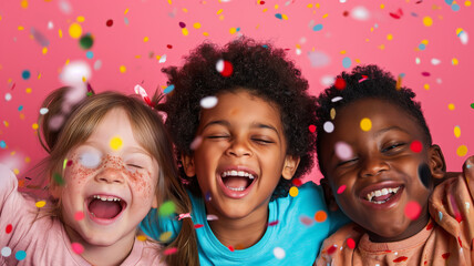 Portrait of three girls friends, face protraits of children of different nationalities in different cloth and hairstyles posing and laughing together at a holiday party with confetti on pink bg - obrazy, fototapety, plakaty