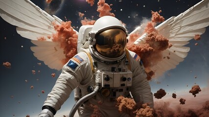 astronaut wings in spacesuit.  A man in a space suit with wings. Ai ganerated image