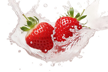 Two Strawberries in a Splash of Water. Two fresh strawberries captured in mid air as they collide with a splash of water on a clean Transparent backdrop.