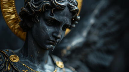 Naklejka premium realistic statue of a Saint Michael in black glossy marble with refined details and golden halo