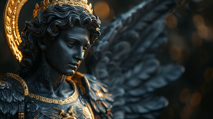 Fototapeta premium realistic statue of a Saint Michael in black glossy marble with refined details and golden halo