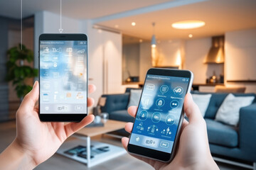 Smart Home Control: Hand Holding Modern App, Temperature and Energy Management on Mobile Phone