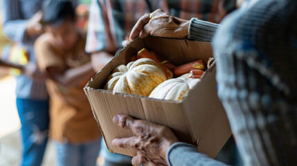 A close-up of a social worker's hands passing a box of food to a needy family, depicting compassion and assistance, Social work, dynamic and dramatic compositions, with copy space
