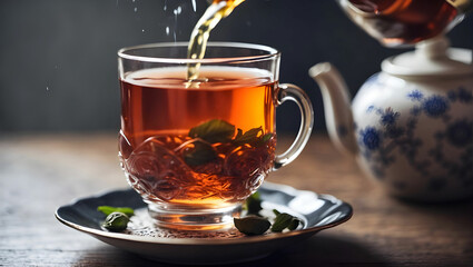 Tea being poured into glass tea cup