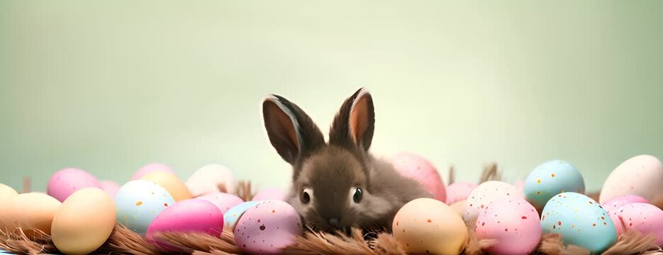 Easter Bunny peeking out of a hole with chocolate easter eggs on pastel wall banner 4K Video