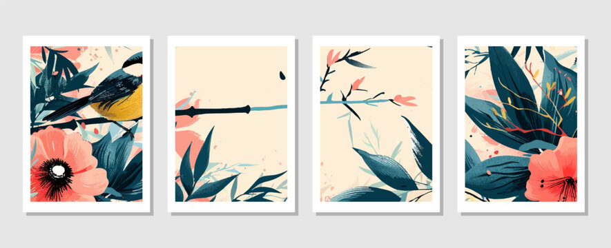 set of abstract vector backgrounds featuring tropical leaves. Hand-drawn textures suitable for wall decoration, postcard designs, or brochure covers.