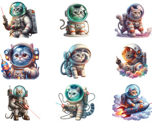 Watercolor Astronaut Cats Clipart Bundle