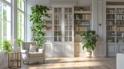 A cozy, stylish modern library with large floor-to-ceiling windows and tall cabinets full of a variety of books. Hobby, leisure and education concept	
