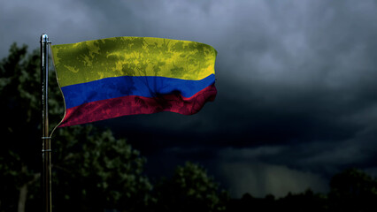 Colombia flag for veterans day on dark storm cumulus clouds - abstract 3D illustration