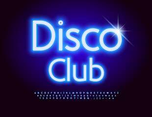 Fototapeta na wymiar Vector trendy Poster Disco Club. Bright Neon Font. Blue Glowing Alphabet Letters and Numbers set.