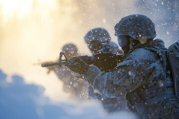 Winter Warfare: Soldiers in Camouflage Engaging in a Snowy Environment at Dusk