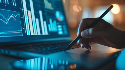 person's hand is holding a stylus over a laptop screen displaying various colorful data analytics and graphs.