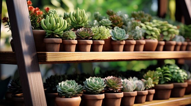 This image shows a close-up of a wooden shelf in a garden that is stocked with numerous potted succulents of all sizes and shapes.