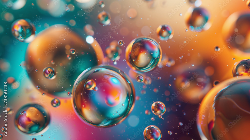 Poster a close-up of translucent bubbles floating in a colorful space with a bokeh light effect creating a 