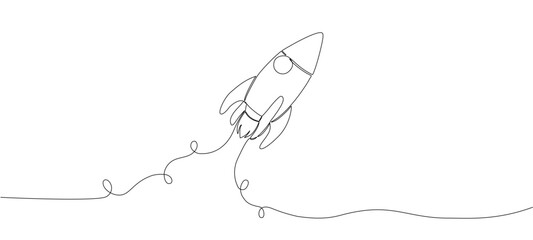 One continuous editable line drawing of a retro spaceship flying upwards. Rocket of a spaceship being launched into space. Single line drawing vector graphic illustration. - obrazy, fototapety, plakaty