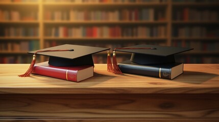 Three books are on a wooden table with a graduation cap hanging from it.Concept of education.