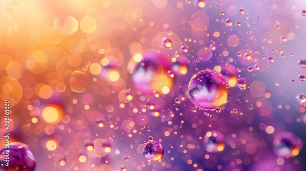 Poster a close-up of translucent bubbles floating in a colorful space with a bokeh light effect creating a 