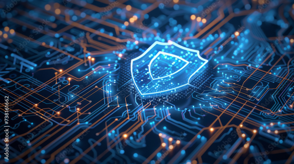 Poster glowing blue shield symbol representing cybersecurity on a circuit board background