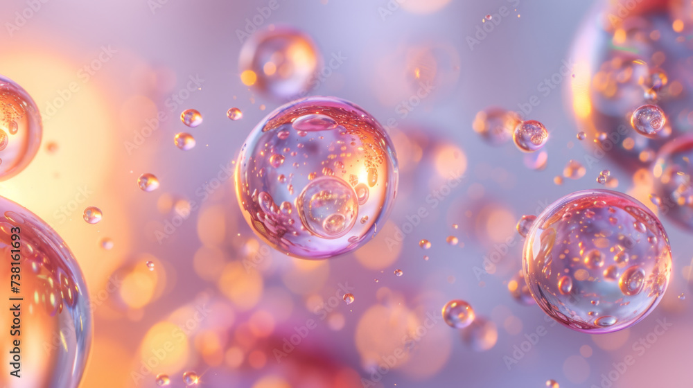 Poster a close-up of translucent bubbles floating in a colorful space with a bokeh light effect creating a 