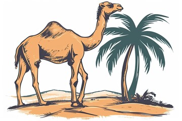 Camel in desert with palm tree cartoon isolated