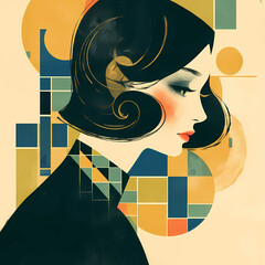 Vintage Art Deco Style Fashion Portrait of Illustrated Woman