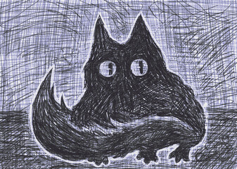 Gothic human art, illustration with a cat. Dark sketch. Original digital art. - 738161656