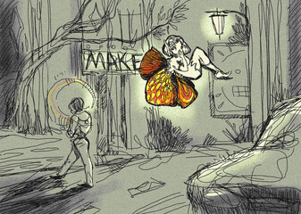 Gothic human art, illustration with a fairy in town. Dark sketch. Original digital art. - 738161657