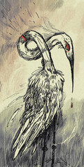 Gothic human art, illustration with a heron. Dark sketch. Original digital art. - 738161666