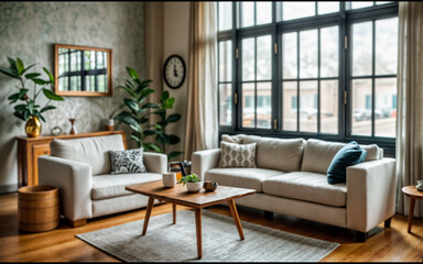 Rustic coffee table near white fabric sofa against window Japandi style home interior design of modern living room