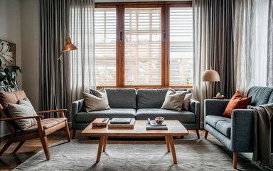Fototapeta na wymiar Rustic coffee table near white fabric sofa against window Japandi style home interior design of modern living room