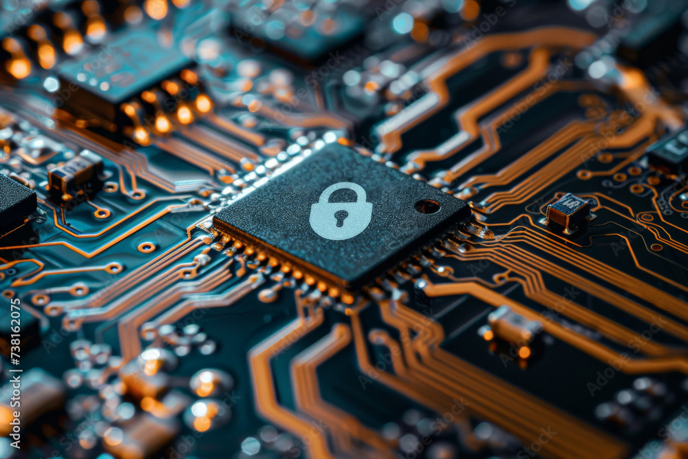 Poster a close up of a circuit board with a padlock on it