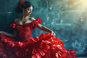 Scarlet Elegance: Young Woman in a Flamboyant Red Ball Gown with Dramatic Lighting - obrazy, fototapety, plakaty