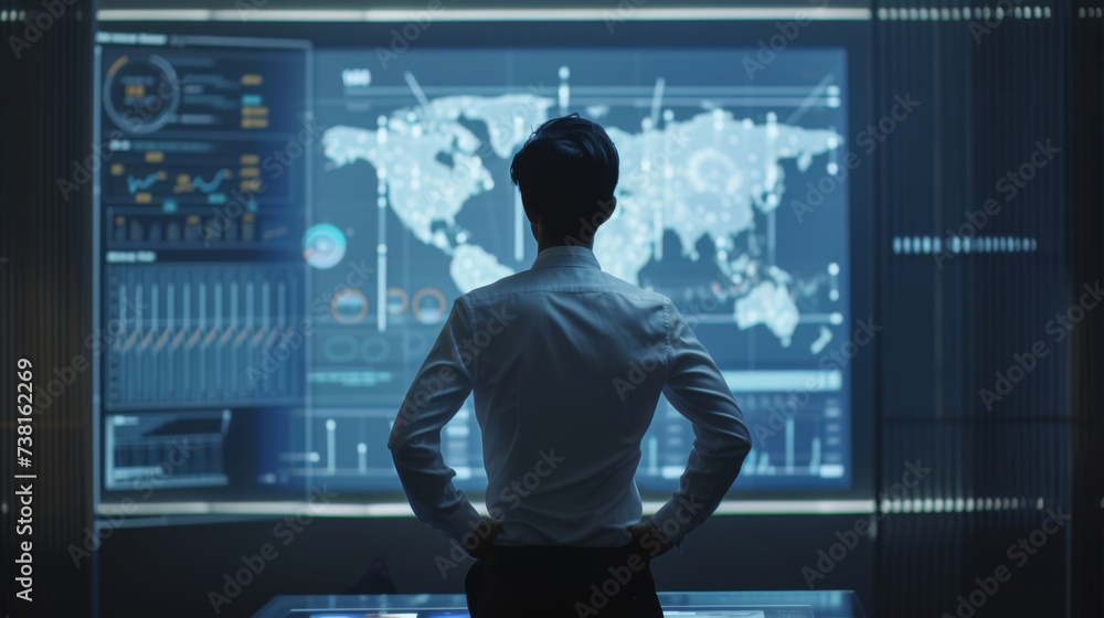 Poster the photo captures a person from behind looking at a complex array of digital screens with various d
