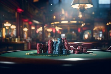 A casino table for poker or blackjack with stack of chips - obrazy, fototapety, plakaty