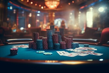 A casino table for poker or blackjack with stack of chips - obrazy, fototapety, plakaty