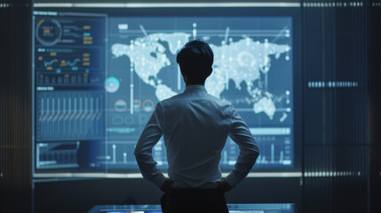 The photo captures a person from behind looking at a complex array of digital screens with various data and graphs in a high-tech control room environment.