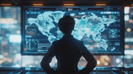 The photo captures a person from behind looking at a complex array of digital screens with various data and graphs in a high-tech control room environment.