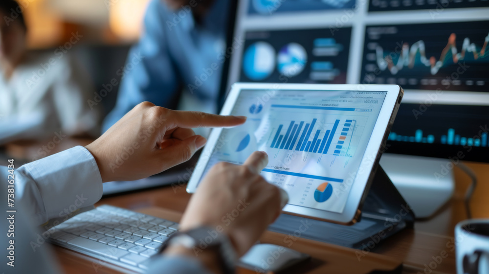 Poster person analyzing data on a tablet, with a focus on the hand touching the screen displaying colorful 