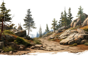 A Painting of a Rocky Path With Trees on the Side. An artistic representation of a rocky path...