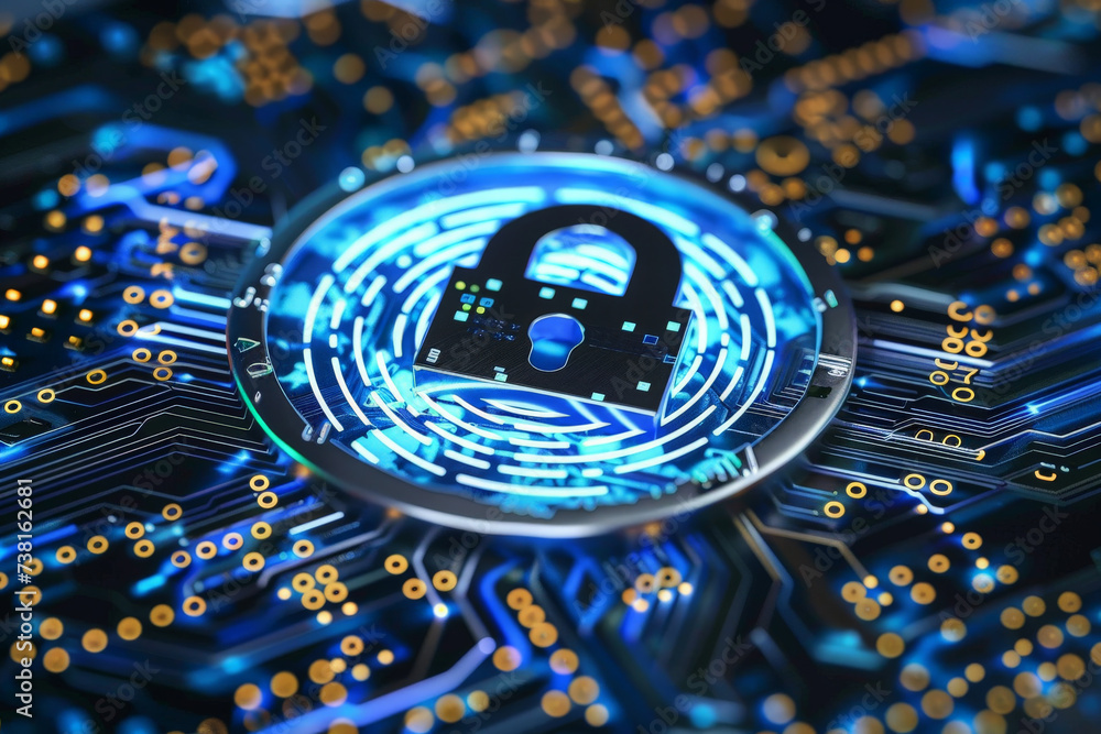 Poster a computer circuit board with a padlock in the center