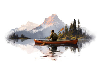 A Painting of a Man Paddling a Canoe on a Lake. This painting depicts a man paddling a canoe on a...